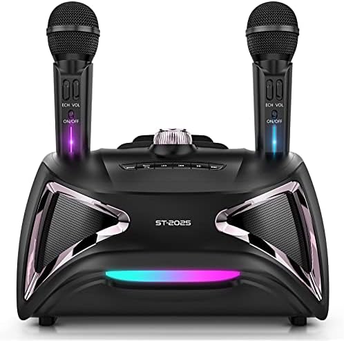 Karaoke Machine, HOKSEACK Portable PA Speaker System Bluetooth 5.0 with 2 UHF Wireless Microphones, 7 Colors LED Light with BASS, TV/AUX/USB/SD, Rechargeable, Best Gift for Adults/Kids, Girls/Boys