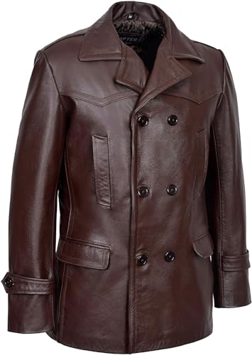 Image of Crafter Men's Kriegsmarine German Ww2 Dr Who Reefer Hide Leather Jacket Coat Four Button Leather Car Coat - Pea Coat for Mens