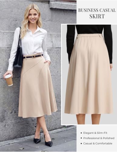 Image of Women's Business Casual Midi Skirt, High Waist Flowy Skirts with Pockets | Flowy, Work, Basic, Elegant, Teacher, Formal, Office, Funeral, Church, Fashion, Outfits, Clothing