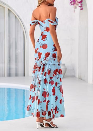 PRETTYGARDEN Women's Formal Cocktail Maxi Dresses 2026 Summer Off Shoulder Floral Mesh Bodycon Spring Wedding Guest Dress (Floral Blue Rose,XX-Large) — view 4