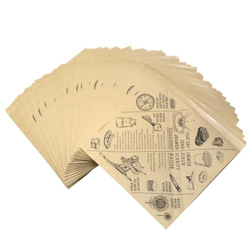 150 Stück Burger Tüten 18 x 18 CM Einweg-Papiertüte für Lebensmittel beidseitig auf Deutsch bedruckt ideal für Picknick Feiern und den Haushalt