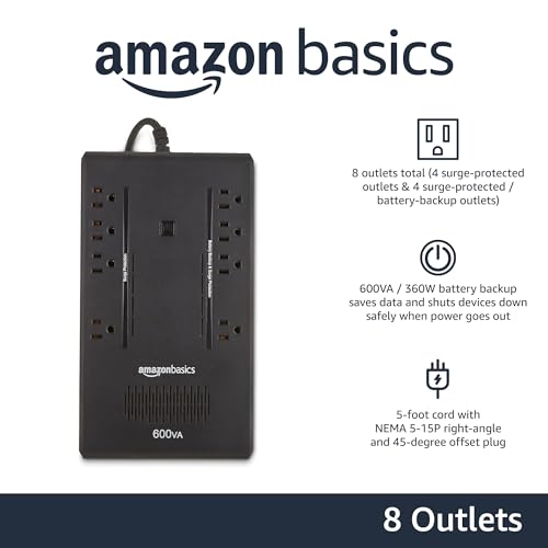 Amazon Basics UPS Battery Backup & Surge Protector 600VA/360W, 8 Outlets, Standby Uninterruptible Power Supply, for Power Outage Protection, Compact, Black