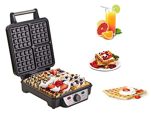 Macchina Waffle Maker, Piastra Elettrica per Waffle Automatica, 1100 W, Piastre Antiaderenti e Temperatura Regolabile per 4 Cialde belghe Facile pulizia Con luce pilota