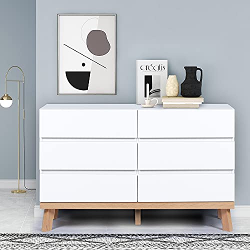 Image of YIGOBUY White Dresser for Bedroom, 6 Drawer Double Chest of Drawers, Large Storage Cabinet Wooden Dresser for Bedroom, Living Room, Hallway