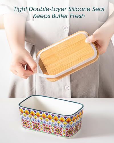 vancasso SIMI Butter Dish with Lid, 6.5" Large Butter Dish for Countertop, Bohemian Ceramic Butter Keeper Container with Knife and Bamboo Lid, Butter Holder for Counter, Golden Bloom — view 6