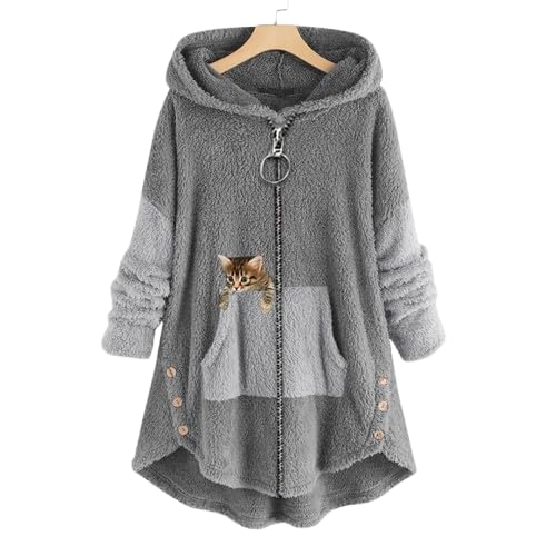 Womens Oversized Sherpa Zip Up Hoodie Cat Print Fuzzy Fleece Jacket Long Sleeve Coat Casual Winter Outwear2