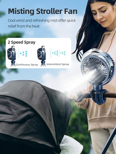 Image of Misting Stroller Fan, 6000mAh Battery Operated Portable Fan with Light & 360 Pivoting, Personal Cooling Fans with Flexible Tripod for Baby, Office, Travel,Treadmill,Outdoors (Dark Blue)