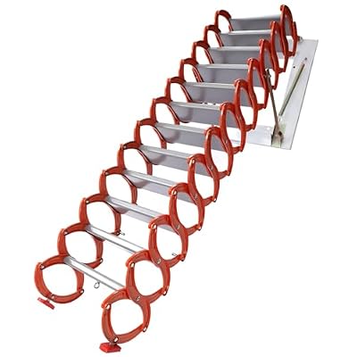 Attic Ladder Pull Down System, 12 Steps Folding Wall-Mounted Retractable Attic Stairs w/Armrests, 10.17 FT Height Aluminum-Magnesium Alloy Telescoping Ladder for Basements, Max Loading 880lbs