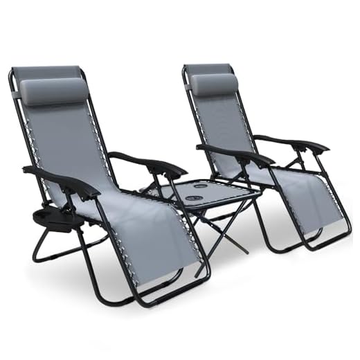VOUNOT Zero Gravity Chair with Side Table, Set of 2, Deck Folding Recliner Sun Loungers Outdoor Chair with Cup and Phone Holder, Grey