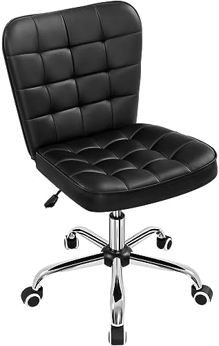 Yaheetech Modern Tufted Armless Desk Office Chair Faux Leather Upholstered Computer Chair with Adjustable Seat Height and Rolling Wheels for Home/Office, Black - Thumbnail 3