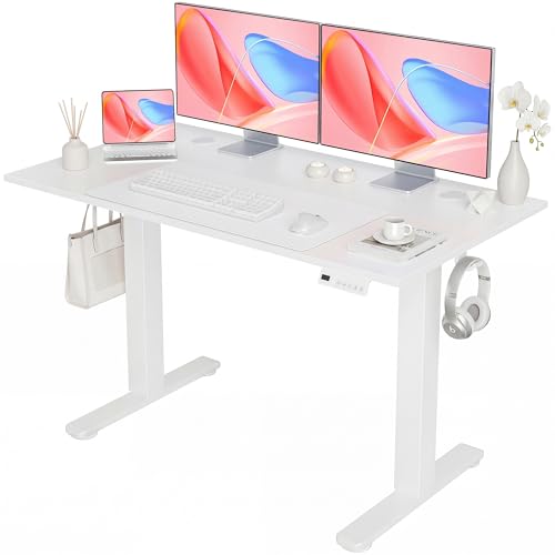Image of YDN Electric Standing Desk Adjustable Height, 48 x 24 Inches Sit Stand up Desk with Memory Presets & Cable Management, Home Office Desk for Office & Computer Workstation, White Frame /White Top