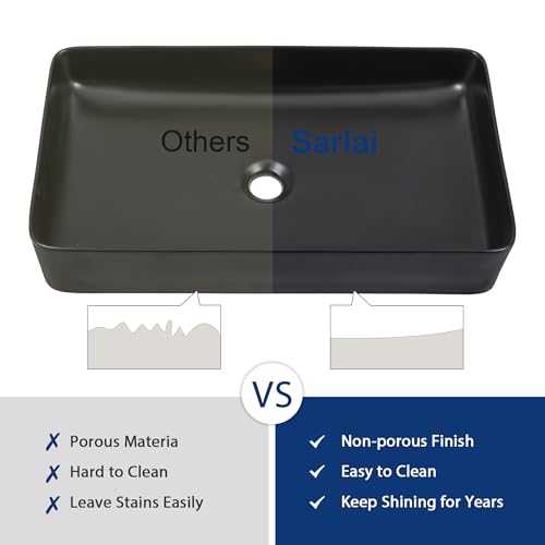 Sarlai Black Vessel Sink Rectangular - 24\"x14\" Modern Bathroom Vessel Sink Rectangle Above Counter Black Ceramic Porcelain Lavatory Vanity Sink Art Basin