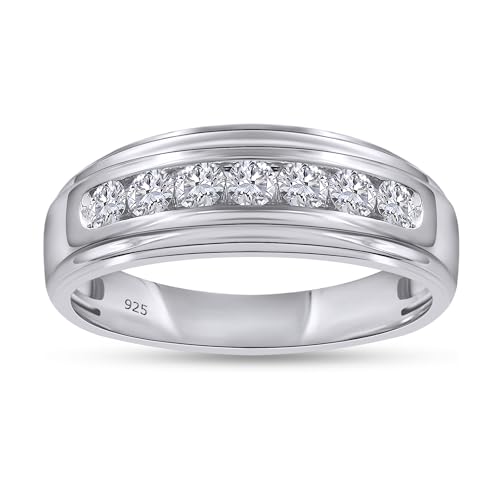 Mens Wedding Band Ring in 14K White Gold Plated 925 Sterling Silver 1/2 Ct Round Lab-Grown Diamond (F-G Color VS-SI Clarity) 7-Stone Channel Set Anniversary Band Jewelry Gift for Him Size- 10