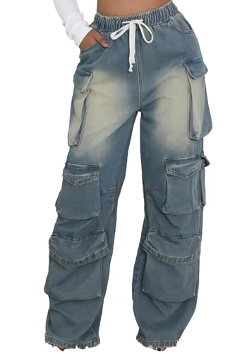 Women's Boyfriend Jeans Cargo High Waisted Baggy Tie Dye Jeans Bow Tie Loose Denim Pants with Drawstring
