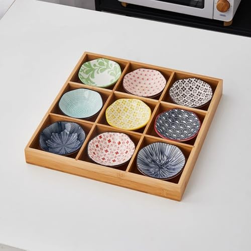 Deronderお皿 小皿セット和風 小皿セット 竹トレイ 陶器 前菜皿 深型 仕切り付き 天然木 9点セット小鉢 醤油皿 前菜皿 盛り鉢 和食器 セラミック アイスクリーム ソース皿 火鍋 焼肉屋 寿司屋 食洗機 (C)