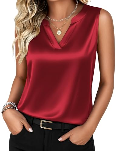 Zeagoo Spring Tops for Women 2026 V Neck Sleeveless Silk Tank Tops Red - image 1