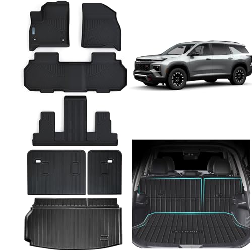 SANBAN-AXE Alfombrillas y alfombrilla para maletero para Chevy Traverse 2024 (7 asientos, asiento de cubo de 2 filas), protección TPE para todo tipo de clima, 3 filas de revestimientos de piso de