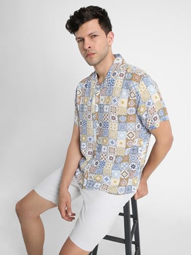Image of Dennis Lingo Men's Rayon White Printed Relaxed Fit Cuban Collar Half Sleeve Casual Shirt