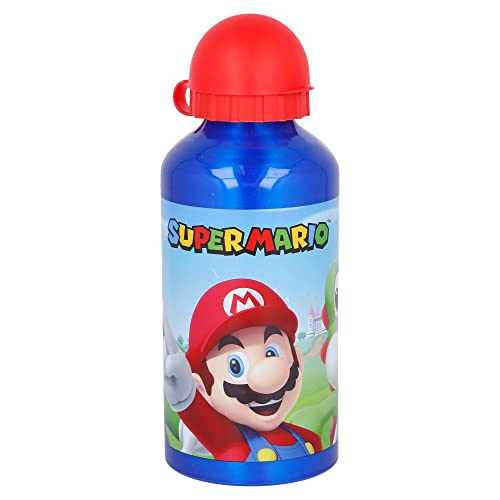 Borraccia Originale Nintendo Super Mario In Alluminio Per Bambini Da 500 Ml, Con Tappo Di Sicurezza E Beccuccio Richiudibile.