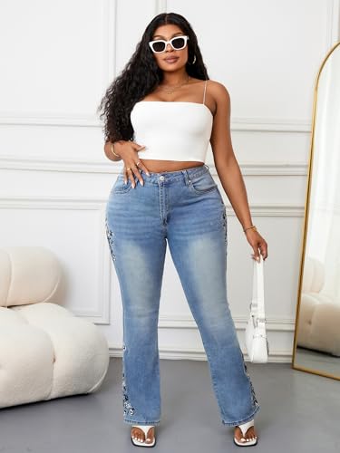 VipHoney Jeans for Women Plus Size - Bell Bottoms for Curvy Women High Waisted Embroidered Denim Pants (US, Alpha, XX-Large, Plus, Regular) Blue