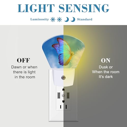 Image of Beautiful Blue Butterfly Night Light, Dandelion Nightlight Plug into Wall with Dusk to Dawn Sensor for Kid Girls Boys Women Men Bedroom, Hallway, Kitchen, Bathroom, Stairs Decor