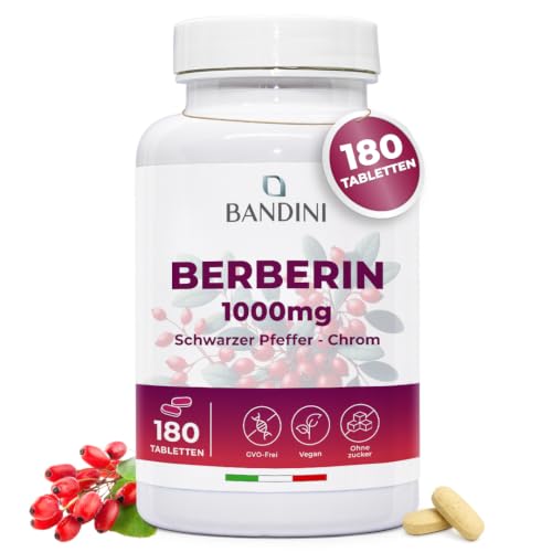 Bandini Berberin 1000mg rein hochdosiert | 180 vegane Tabletten - Berberin HCl aus Berberis Aristata 97% + Chrom und Schwarzer Pfeffer | Maximale Absorption - Verdauung Leber Darmfunktion