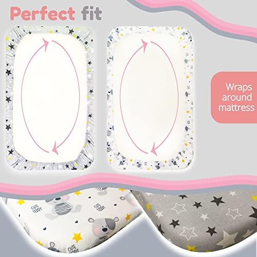 Selemavi Next to Me Crib Sheets  2pcs Crib Baby Sheet Set 100% Organic Cotton Fitted Crib Sheets for Bedside Cribs  Made in Europe(83x50cm, Cute Teddy&Stars)