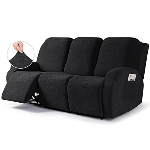 Image of VANSOFY Recliner Cover, 3-Pieces Stretch Reclining Couch Covers with Pockets Reclining Sofa Slipcovers 3 Seater Soft Washable Furniture Protector for Dogs Cats(Black)