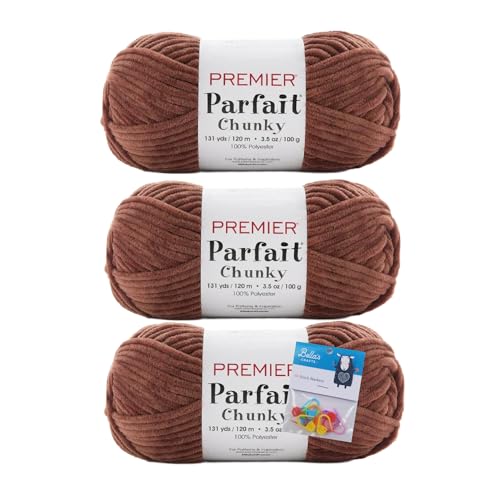 Image of Premier Yarns Parfait Chunky Chenille Crochet Knitting 3.5 Oz 6 Super Bulky Weight 3 Pack Bundle with Bella's Stitch Place Holders (Cocoa)