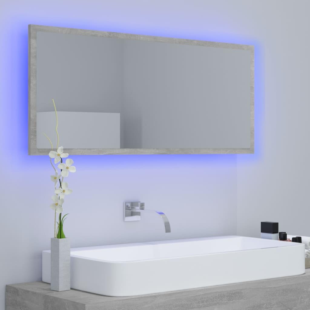 Espejo de baño LED gris hormigón, 100 x 8,5 x 37 cm, acrílico espejo de pared con iluminación RGB, diseño moderno para baño, montaje versátil