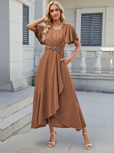 Image of QMZ Wedding Guest Dresses for Women V Neck Cocktail Dress Ruffle Sleeve A Line Evening Party Formal Dresses for Women