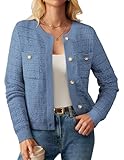 Button Down Cardigans for Women Long Sleeve Round Neck Knitted Sweater Fall Classic Outfits with Pockets Light Blue