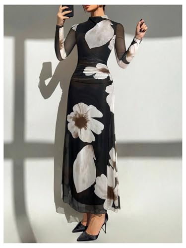 Image of Verdusa Women's Floral Wedding Guest Dress Long Sleeve Mesh Slimming Cocktail Vacation Maxi Dresses