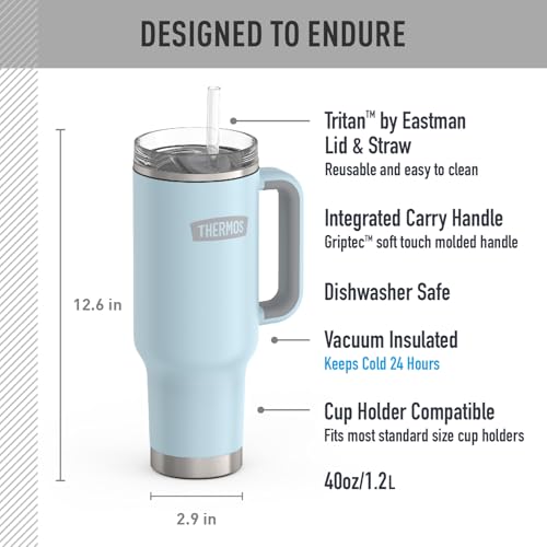 Image of THERMOS Stainless Steel Cup Holder Mug - 40 Ounce, Glacier - Insulated Tumbler with Lid and Straw, Plus Leak-Resistant Slide Lock