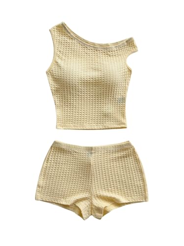 SOLY HUX Women's 2 Piece Striped Off The Shoulder Crop Tops and Mini Shorts Set Summer Y2K Going Out Outfits Solid Yellow Large