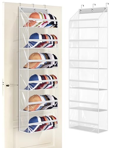 AOODA Clear Over the Door Hat Racks for Baseball Caps, Large Holds up to 72 Caps Hat Storage Organizer for Closet Wall, Deep Pockets Hanging Snapback Holder Shelves with 3 Hooks, White