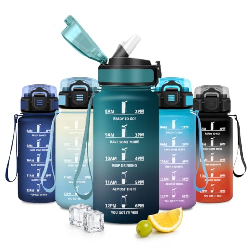JAPORIA Botella 500ml, Botella de Agua con Pajita y Marcador de Tiempo, sin BPA, Reutilizable, a Prueba de Fugas, Motivacional, Cantimplora para Escuela, Camping, Exterior