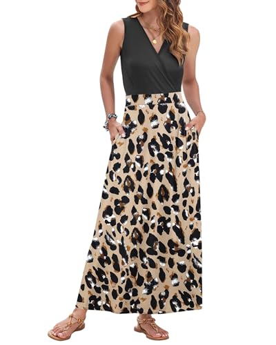 Image of AUSELILY Womens Maxi Dress Summer Sleeveless Wrap Long Dresses with Pockets | V-Neck Wrap Sleeveless Sundress, fits formal, casual, beach, vacation & daily wear