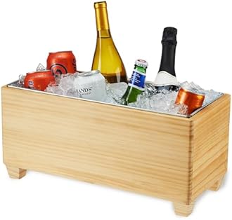Twine Ice Bucket Wood and Galvanized Metal Tub - Wooden Wine Bucket And Beer Chiller - Holds 4 Wine Bottles or 5.4 Gallons Set of 1,Brown