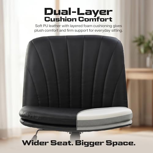 Image of DROGO Zen Cross Legged Office Chair for Work at Home, Pu Leather Accent Chair for Long Hours Sitting Comfort, Armless, Adjustable Height & Tilt Lock Recline | Computer Chair for Home Office(Black II)