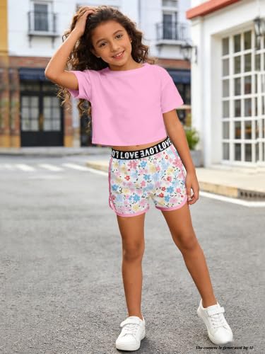 Image of Betusline Girls Summer 2 Piece Outfits,Kids Short Sleeve Crop Top & Shorts Set with Side Pockets