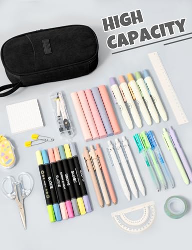 Image of SUNEE Cute Pencil Case, Large Pencil Pouch, Soft Corduroy Aesthetic Big Pencil Bag with Zipper, Kawaii Stationery Storage and Organizer, School Supplies for Teen and Adult, Boys&Girls, Coal Black