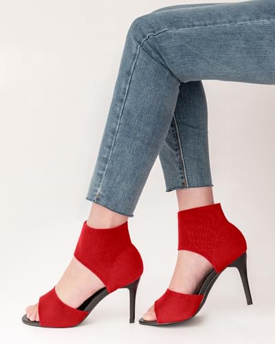 Image of Peep Toe Heels for Women Sexy 3 Inches Stiletto Heeled Sandals for Women Open Toe Wide Stretchy Knit Heel Sandal Booties Slip On Comfortable Dressy Shoes for Prom, Party and Work