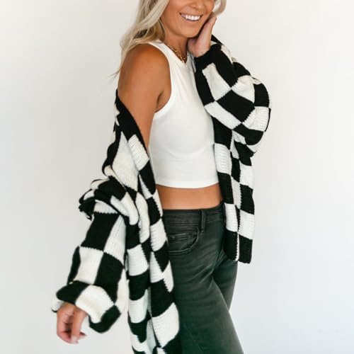 Image of Womens Checkered Cardigan Sweater Loose Long Sleeve Open Front Sweater Knit Coat Casual Oversized Plaid Cardigan Tops