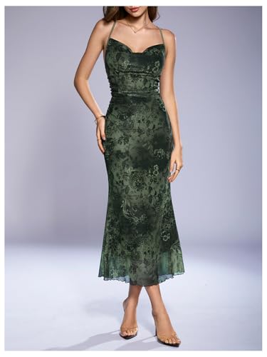 Image of SOLY HUX Women's Floral Mesh Bodycon Cami Dress Cowl Neck Sleeveless Cocktail Party Wedding Guest Long Maxi Dresses