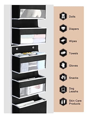 Image of Yecaye 6-Tier Over The Door Storage Organizer, Flexible 1 Split into 2 Swing-Proof Hanging Bathroom Organizer, Bedroom Organizers and Storage for Newborn Baby Essentials, Black