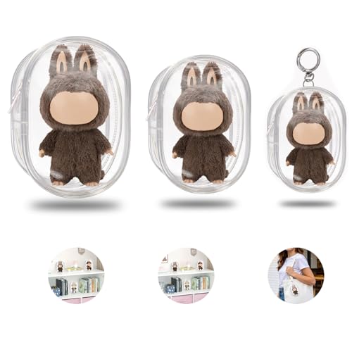 QULUXAO 3pcs for Labubu World Cup Clear Protective Bag 4/5/6 in 1pcs with Keychain Clear Hanging Display Cases 2pcs PVC Doll Dustproof Storage Case for Shelf/Outdoor ShowcaseWhite
