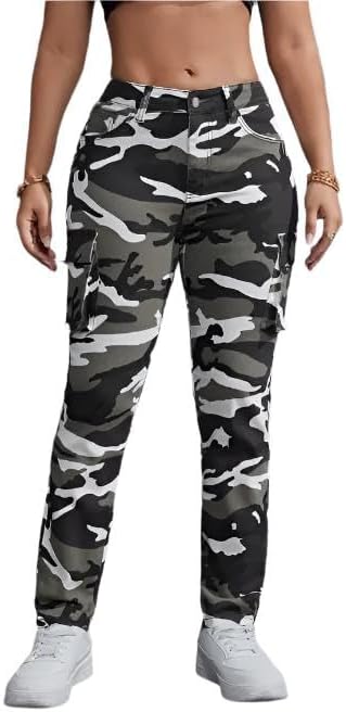 Women's Camo Print Cargo Jeans with Side Flap Pockets - High Stretch Relaxed Fit Streetwear Denim Pants
