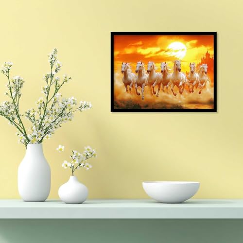 Image of HOTHOUSE Seven Running Vastu Lucky Horse Rising Sun Painting Wall Decor | 7 Horses Vastu Frame Wall Art Painting for Living Room Bedroom Office Home Decor Size (19X25 inch)