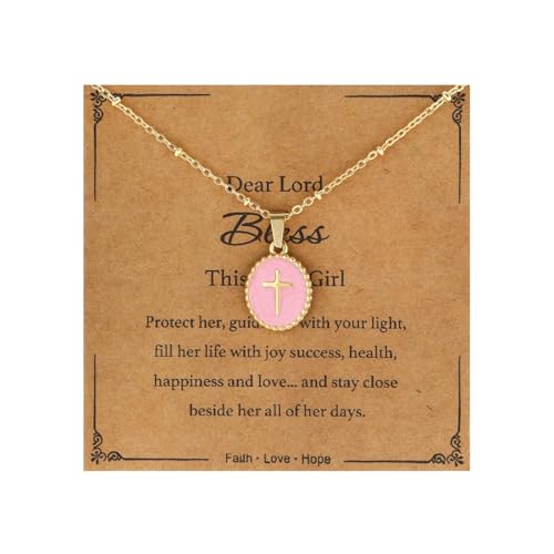 enasal Christian Gifts Cross Necklace for Girls First Communion Baptism Confirmation Easter Gifts for Teen Girls Kids Christian Gold Necklace Jewelry for Teenage Daughter Niece Friends (Pink)